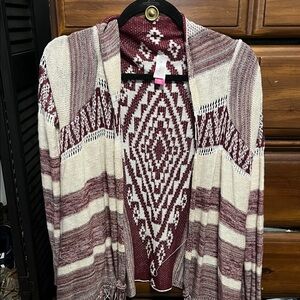 No Boundaries Burgundy and Cream Geometric Cardigan